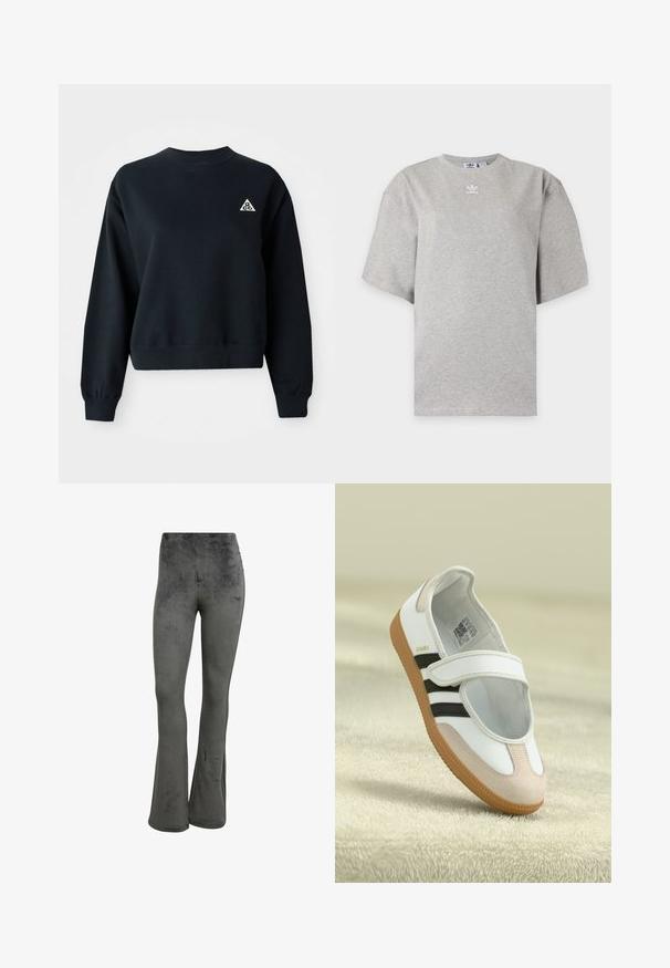 Must have musta plätšitud sweatshirt, mis on valmistatud pehmest kangast. Omab ümmargust kaelaauku ja soonikkoes varrukat. Vasakul rinnal on väike valge kolmnurga logo.; Helehall Adidas lühikeste varrukatega t-särk, ümara kaelusega ja väikese valge Adidas logoga rinnal, esitatud lihtsal taustal.; Hallid ribadega laiad püksid, mis on valmistatud pehmest kangast ja omavad peent tekstuuri; kõrgendatud talje ning kerge kulumine jalgade peal.; Valge king, millel on roosa sametist varvas, mustad triibud ja Velcro rihm. Omab pruuni kummist talla ja külje peal logo.