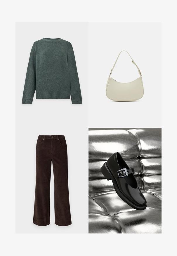 Mørkegrøn langærmet rundhalset sweater med ribkanter ved ærmer og talje, lavet af blødt, tekstureret strikstof.; Vero Moda Petite VMTESSA PANTS - Bukser - chocolate torte; Sorte læder Mary Jane sko med firkantet tå, en sølv spænde accent og en chunky lav hæl, sat mod en glansfuld sølv baggrund.; Pieces PCALUANA SHOULDER BAG - Håndtasker - birch