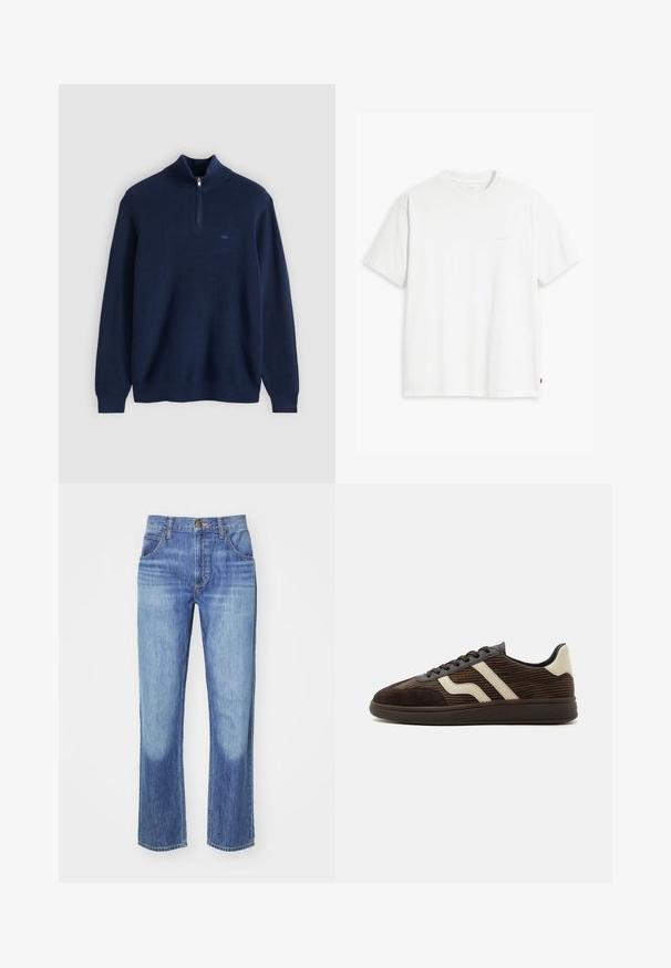 Pull-over bleu marine avec col montant et fermeture éclair sur la moitié. Texture côtelée, manches longues, et petit logo sur la poitrine. Matière en tricot doux.; T-shirt en coton blanc à manches courtes, col rond, avec un logo "Levi's" discret imprimé en couleur claire sur le devant.; Jeans en denim bleu avec une coupe droite, lavage clair, design à cinq poches, bouton en bronze et surpiqûres contrastantes aux coutures.; Baskets en daim et velours côtelé marron foncé avec des bandes latérales beige, lacets à l'avant et semelle en caoutchouc texturée, vues de côté sur fond blanc.