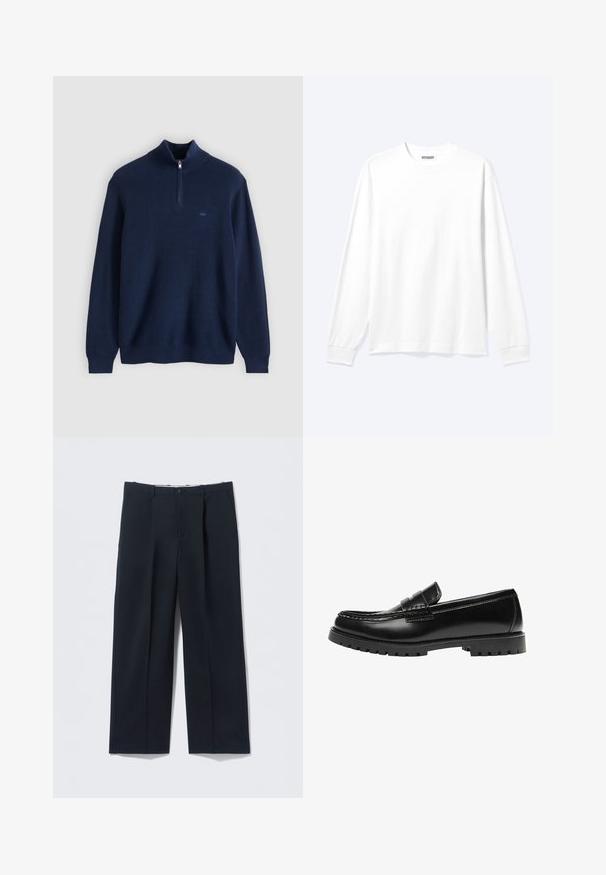 Pull-over bleu marine avec col montant et fermeture éclair sur la moitié. Texture côtelée, manches longues, et petit logo sur la poitrine. Matière en tricot doux.; Chemise blanche unie à manches longues avec col rond et poignets côtelés, présentée sur un fond clair neutre.; Pantalon bleu marine foncé en tissu lisse, avec une coupe ajustée, deux poches avant et une fermeture par bouton.; Mocassin en cuir noir avec une semelle en caoutchouc épaisse et un détail classique de bride à monnaie, vu de côté extérieur.