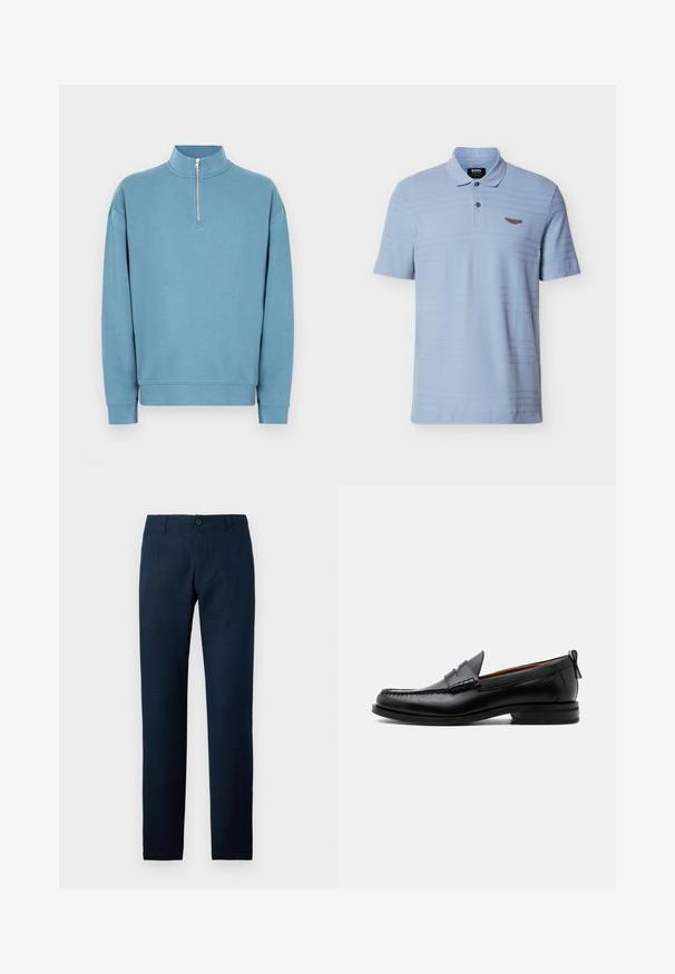 Sweat-shirt bleu clair avec col à demi-fermeture éclair, manches longues et poignets côtelés. Doté d'un logo subtil sur la poitrine. Texture lisse.; Polo bleu clair en tissu doux avec un motif à rayures texturé et un logo marron sur la poitrine. Doté d'un col classique et de trois boutons.; Pantalon droit bleu marine avec passants pour ceinture, fermeture à boutons et braguette zippée sur un fond clair uni.; Mocassin homme en cuir noir avec couture moc toe, bride penny, col texturé et petit talon empilé sur fond blanc.