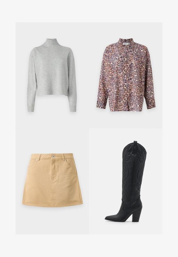 Lys grå turtleneck sweater lavet af blød strikstof, med lange ærmer og ribkant ved nederste kant og ærmerne. Ingen mønstre eller hardware detaljer.; Trykt bluse med et mønster af leopard i pink, brun og blå. Den har krave, knaplukning foran og lange ærmer med manchetter.; Beige denim miniskirt med frontlommer, bæltestropper og en metalknaplukning på en hvid baggrund.; Zign LEATHER - Cowboy- / bikerstøvler - black
