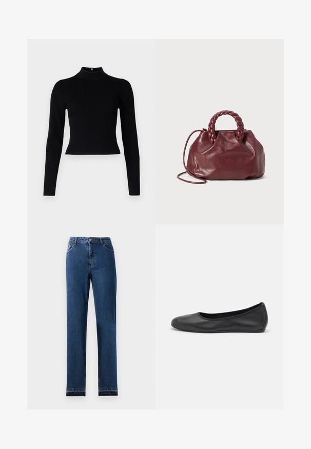 Pull-over noir à col roulé côtelé avec des manches longues et une silhouette ajustée, présentant une texture lisse et un zip au dos.; Jean en denim bleu avec un design à jambe droite, cinq poches et une fermeture à boutons. Il présente des coutures contrastantes et un léger délavage.; Ballerines en cuir noir avec un bout rond, texture lisse, détails de couture minimalistes et design de semelle flexible.; Sac à main en cuir bordeaux avec une anse tressée, texture douce et forme arrondie. Dispose d'une bandoulière amovible pour plus de polyvalence.