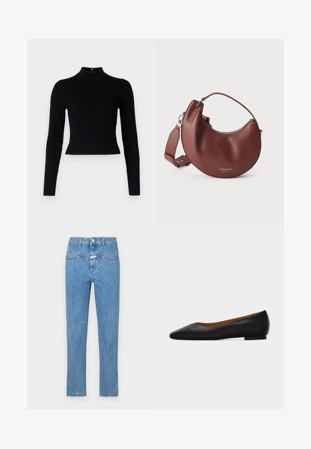 Pull-over noir à col roulé côtelé avec des manches longues et une silhouette ajustée, présentant une texture lisse et un zip au dos.; Jeans en denim bleu clair avec une coupe droite, cinq poches et une fermeture à bouton. Présente une texture légèrement délavée et un minimum de coutures.; Chaussure plate en cuir noir à bout pointu avec talon bas et finition lisse, vue de côté sur un fond gris clair.; Sac à main en cuir marron en forme de croissant avec fermeture éclair dorée et bandoulière réglable sur fond blanc.
