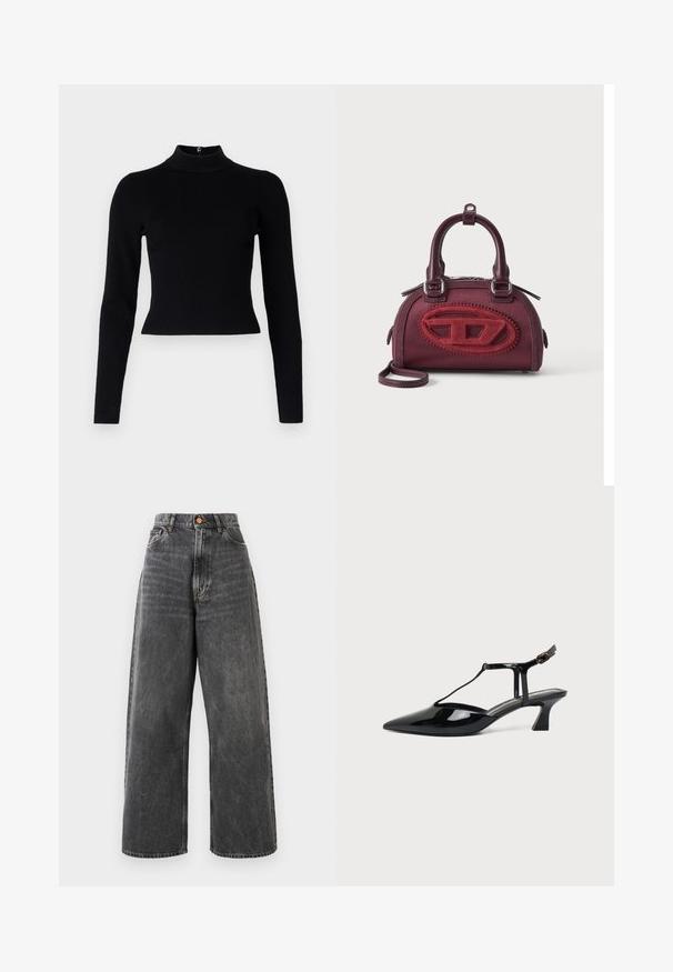Sort ribbet turtleneck sweater med lange ærmer og en tætsiddende silhuet, der har en glat overflade og en lynlåsdetalje på ryggen.; Højtaljede, brede jeans i falmet sort denim med frontlommer, bæltesløjfer og kobberknaplukning.; Sort laklæder spids tå slingback sko med T-rem og lav skrå blokhæl på hvid baggrund.; Lille burgunderfarvet håndtaske med afrundet form, dobbelt håndtag og stort tekstureret rødt ovalt logo foran mod ensfarvet baggrund.