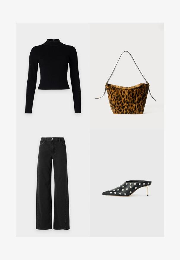 Pull-over noir à col roulé côtelé avec des manches longues et une silhouette ajustée, présentant une texture lisse et un zip au dos.; Jean en denim noir à jambes larges avec taille haute, présentant un style classique à cinq poches et une fermeture à bouton. Texture lisse et détails de couture subtils.; STAND STUDIO KELSEY - Mules à talons - black; Sac en peluche imitation fourrure à motifs léopard avec une texture douce, une forme légèrement conique et une bandoulière en cuir noir avec des accents en métal doré.