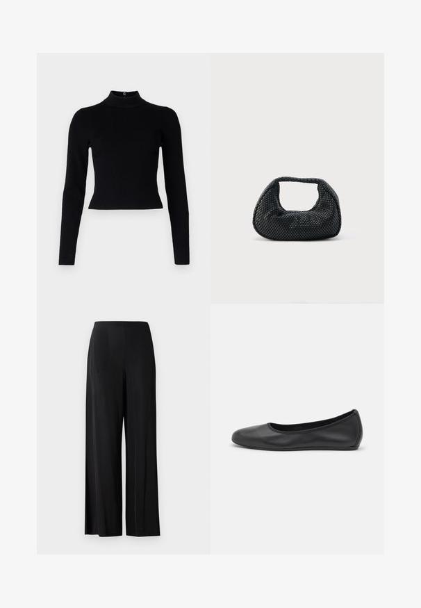 Sort ribbet turtleneck sweater med lange ærmer og en tætsiddende silhuet, der har en glat overflade og en lynlåsdetalje på ryggen.; Sorte, brede bukser lavet af glat stof, med en høj talje og uden synlige lommer eller hardware. Gulvlængde design.; Sort læderballetsko med rund tå, glat tekstur, minimal syning og et fleksibelt såldesign.; Sort flettet hobo-taske med blød struktur og integreret håndtag, vist på en ensfarvet lys baggrund.