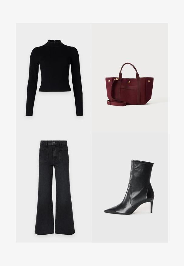 Pull-over noir à col roulé côtelé avec des manches longues et une silhouette ajustée, présentant une texture lisse et un zip au dos.; Jean noir évasé taille haute avec passants de ceinture, bouton avant, fermeture éclair et deux grandes poches plaquées à l'avant sur fond blanc.; Bottes noires à la cheville en cuir lisse, dotées d'un bout pointu, d'un tige ajustée et d'un talon haut fin. Design minimaliste sans quincaillerie visible.; Sac cabas bordeaux avec deux poignées, une bandoulière réglable et des fermetures à bouton-pression dorées sur un fond uni.