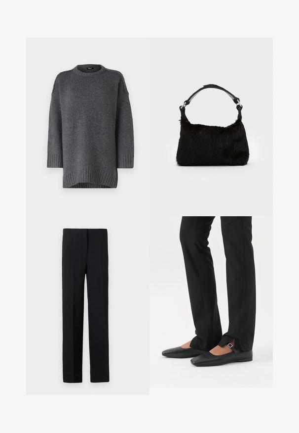 Pull en tricot gris avec un col rond, des poignets et un ourlet côtelés. Offre une coupe décontractée et une texture douce. Manches de longueur intermédiaire.; Pantalons noirs ajustés à coupe droite, avec une texture lisse et sans motifs visibles. Taille standard et finition soignée.; Jambes vêtues d’un pantalon slim noir avec des fentes à l’avant de l’ourlet, assorties à des chaussures plates Mary Jane noires avec une petite bride à boucle.; Sac à main en fausse fourrure noire avec une texture douce, une forme arrondie et une bandoulière en cuir noir robuste. Accent en métal argenté visible.