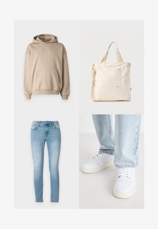 Sweatshirt à capuche beige, en tissu doux, coupe ample, poche kangourou, poignets et ourlet côtelés, design minimaliste, texture lisse.; Jean skinny bleu clair en denim, avec taille mi-haute, cinq poches et un léger dégradé sur les cuisses. Fermeture à bouton à la taille.; Baskets basses en cuir blanc avec un bout perforé, des lacets plats et un design minimaliste. Associées à un jean en denim bleu clair.; Sac fourre-tout en toile crème avec poche avant, deux poignées, bandoulière réglable et petit texte jaune "O.N.S" en bas à droite de la poche.