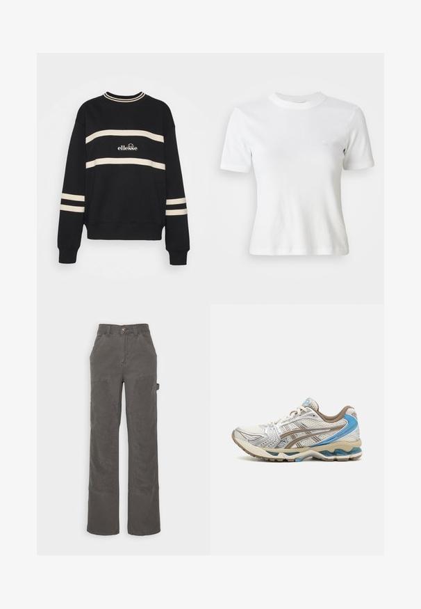 Sweatshirt noir avec deux rayures crème horizontales, col côtelé et logo au centre. Les poignets ont également des détails de rayures similaires.; T-shirt blance à manches courtes en côte, avec un col rond et un petit logo sur la poitrine. Fabriqué en tissu doux avec une coupe ajustée.; BDG Urban Outfitters PANEL CARPENTER - Pantalon cargo - charcoal; Chaussure de course blanche et beige avec des accents bleus, dessus en mesh, semelle rembourrée et design à lacets, vue du côté extérieur.
