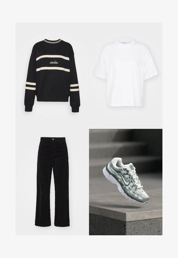 Zwarte sweatshirt met twee horizontale crèmekleurige strepen, geribbelde halslijn en logo in het midden. De mouwen hebben vergelijkbare streepdetails.; Witte katoenen t-shirt met een ronde hals, korte mouwen en een ontspannen pasvorm. Heeft een subtiel logo op het linkerborstgedeelte. Zachte textuur.; Zwarte corduroy wijde broek met een hoge taille, voorzien van een voospan knoop- en ritssluiting, en een verticale ribstructuur overal.; Witte en grijze Nike hardloopschoen met gedempte zool, zwevend boven een betonnen richel tegen een vervaagde grijze achtergrond.