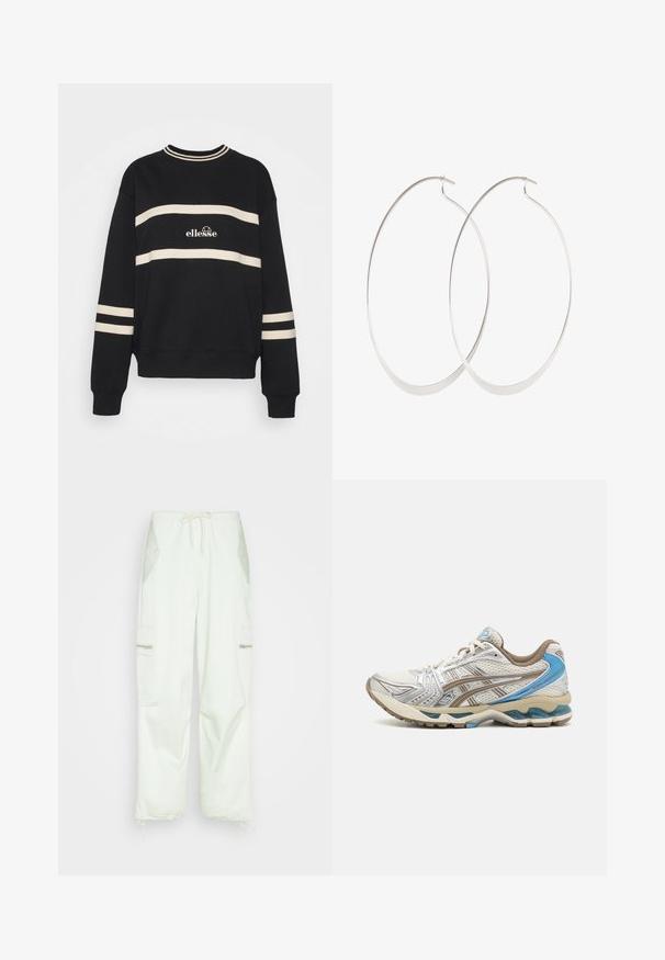 Čierna mikina s dvoma vodorovnými krémovými pruhmi, rebrovaným výstrihom a logom v strede. Rukávy majú podobný pruhový detail.; Samsøe Samsøe CHI TROUSERS - Kapsáče - frosted mint; Bielo-béžová bežecká obuv s modrými akcentmi, sieťovinovým zvrškom, polstrovanou podrážkou a šnurovaním, zobrazená z vonkajšej strany.; Strieborné kruhové náušnice s tenkým, hladkým dizajnom; predĺžený oválny tvar; lesklý povrch; majú bezpečné uzatváranie na háčik.