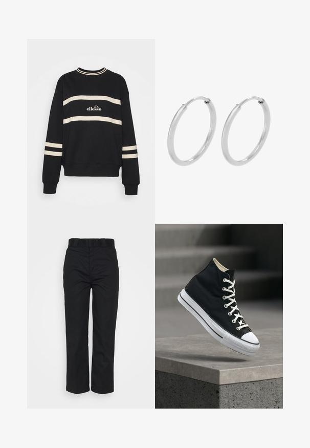 Zwarte sweatshirt met twee horizontale crèmekleurige strepen, geribbelde halslijn en logo in het midden. De mouwen hebben vergelijkbare streepdetails.; Zwarte broek met een rechte pijpdesign, voorzien van riemlussen, een gladde textuur en een nette afwerking. Geen zichtbare patronen of accenten.; Zwarte hoge sneaker met witte veters en rubberen zool, balancerend op de rand van een grijs betonnen platform.; Zilveren hoepeloorbellen, cirkelvormig, met een gladde glanzende textuur en een constante breedte. Minimalistisch ontwerp zonder extra accenten.