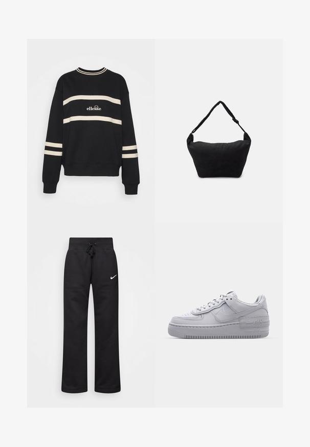 Zwarte sweatshirt met twee horizontale crèmekleurige strepen, geribbelde halslijn en logo in het midden. De mouwen hebben vergelijkbare streepdetails.; Zwarte sweatpants van een katoenmix, voorzien van een tailleband met koord, rechte pijpen, en een wit Nike-logo aan de linkerzijde.; Grijze Nike Air Force 1 sneaker met geperforeerde neus, glad leren bovenwerk, dikke zool en verhoogde 'AIR' details op de hiel.; Zwarte stoffen schoudertas met een zachte, gestructureerde oppervlakte, ronde vorm en een enkele strap. Minimalistisch ontwerp zonder zichtbare hardware of accenten.