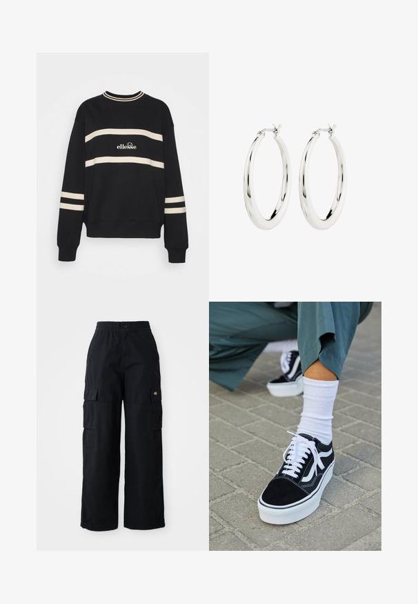 Zwarte sweatshirt met twee horizontale crèmekleurige strepen, geribbelde halslijn en logo in het midden. De mouwen hebben vergelijkbare streepdetails.; Zwarte cargobroek met een elastische tailleband en een knop. Heeft twee grote zijzakken en een logo patch op het linkerpijp. Wijde pijpdesign.; Zwarte suède sneaker met witte accenten en veters, uitgerust met een dikke witte zool en contrasterende stiksels, gecombineerd met een witte sok.; Zilveren oorbellen in de vorm van een gladde, glanzende ring. Circulaire vorm, voorzien van een veilige sluiting. Eenvoudig en elegant ontwerp.
