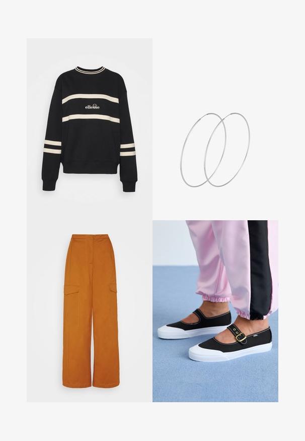 Sort sweatshirt med to horisontale cremede striber, ribbet halsudskæring og logo i midten. Ermelængderne har lignende stribedetaljer.; 87Origins TROUSERS - Cargobukser - ginger; Sorte lærredssko med en hvid sål, der har et udskæringsdesign og et guldspænde. Bæret med lyserøde træningsbukser.; Sølvøreringe med et minimalistisk design. Cirkulær form, glat tekstur og tynd profil. Letvægtige med en poleret overflade.