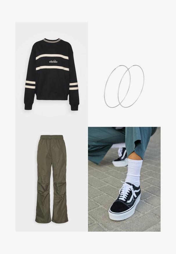 Sweatshirt noir avec deux rayures crème horizontales, col côtelé et logo au centre. Les poignets ont également des détails de rayures similaires.; Even&Odd by Zalando Pantalon classique - khaki; Baskets en suède noir avec des accents et des lacets blancs, présentant une épaisse semelle blanche et des coutures contrastantes, associées à une chaussette blanche.; Boucles d'oreilles en argent au design minimaliste. Forme circulaire, texture lisse et profil fin. Légères avec une finition polie.
