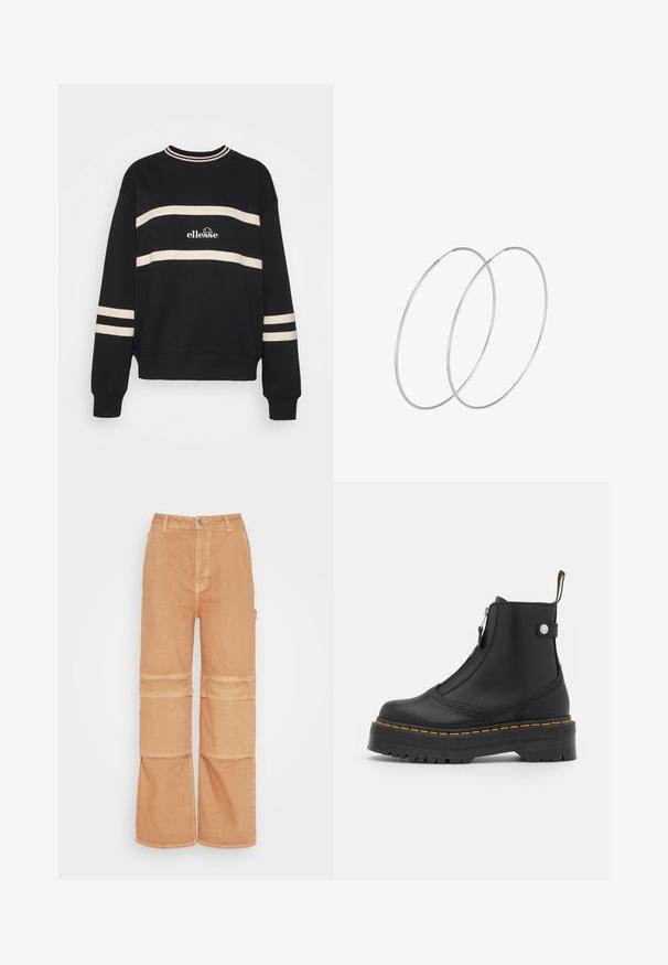 Zwarte sweatshirt met twee horizontale crèmekleurige strepen, geribbelde halslijn en logo in het midden. De mouwen hebben vergelijkbare streepdetails.; Samsøe Samsøe Relaxed fit jeans - earth; Zwarte enkellaars van soepel leer, met een zijrits, gele stiknaden en een dikke, gegroefde rubberen zool.; Zilveren hoepel oorbellen met een minimalistisch ontwerp. Cirkelvormig, gladde textuur en dun profiel. Lichtgewicht met een gepolijste afwerking.
