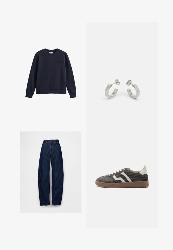 Marineblaue Sweatshirt mit langen Ärmeln und Rundhalsausschnitt, gerippten Bündchen und Saum, mit einem gestickten Logo auf der linken Brust.; Dunkelblaue, hochgeschnittene Jeans aus Denim mit lockerem Schnitt, ausgestattet mit fünf Taschen, einem einzigen Knopf vorne und gesteppten Details entlang der Nähte.; Grauer Corduroy-Low-Top-Sneaker mit weißen Seitenstreifen, beigem Fersenlasche, weißen Schnürsenkeln und brauner Gummisohle.; Silberne Metall-Hoops mit strukturiertem Design, ausgestattet mit einem kleinen Steckverschluss und Branding an einem Hoop. Abgerundete Form mit glänzender Oberfläche.