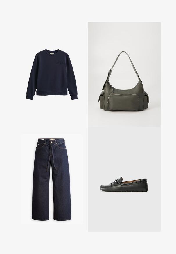 Marineblauwe lange-mouwen sweater met ronde hals, geribde boorden en zoom, met een geborduurd logo op de linkerborst.; Wijd pijpjes donkerblauwe denim jeans met een hoge taille, voorzien van een trekkoord, vijf zakken en contrasterende stiksels.; Zwarte leren bootshoe met een ronde neus, gestikte details, een kleine strikaccent en een rubberen zool. Soepele textuur en gestroomlijnd ontwerp.; Groene leren schoudertas met een gebogen ontwerp, met een ritsvak aan de voorkant en extra zijvakken. Gladde textuur en minimale hardware.