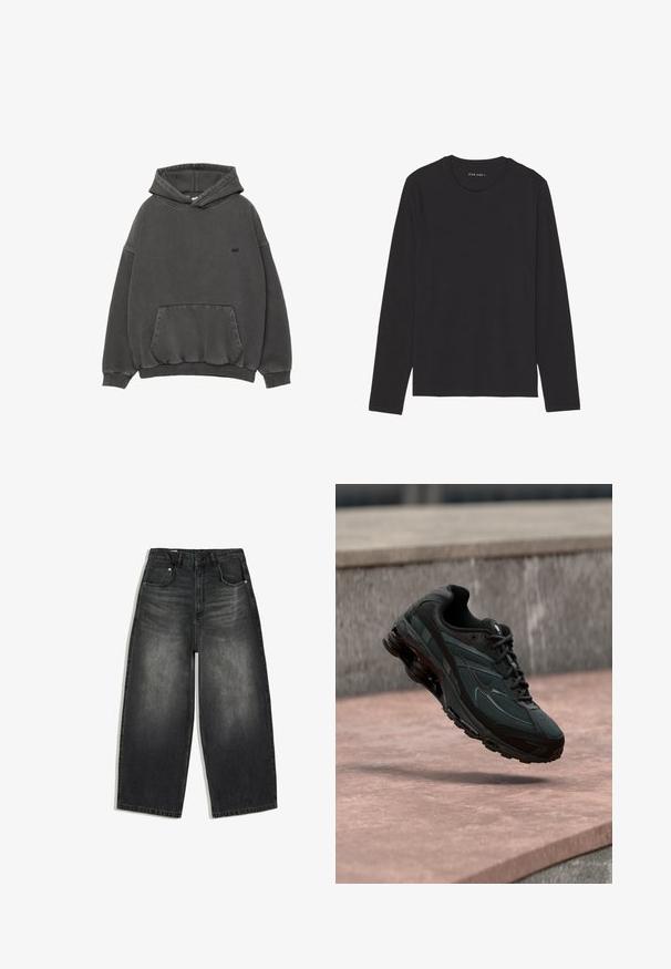Mørkegrå hætte sweatshirt med frontlomme, ribbede ærmer og kant, samt lille sort broderet logo på brystet.; Sort langærmet t-shirt lavet af blødt, let stof. Har rund halsudskæring og lige kant. Ingen synlige mønstre eller detaljer.; Sortvaskede denimbukser med vide ben, for- og baglommer, bæltestropper og en knaplukning i taljen.; Sort atletisk sneaker med synligt luftdæmpende mellemsål, der svæver over en pink stenoverflade med en grå stenvæg i baggrunden.