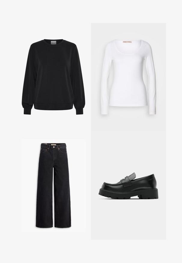 Sweatshirt noir à manches longues, col rond et poignets côtelés. Présente une texture lisse et un détail de logo subtil à l'avant.; T-shirt en coton blanc à manches longues, avec un col rond et une coupe ajustée, au toucher doux et sans ornement.; Jean noir à jambe large en denim, comportant cinq poches, des rivets en laiton et une fermeture à bouton classique. Texture lisse avec un design épuré.; Mocassins en cuir noir avec une semelle épaisse et texturée, dotés d'une sangle sur le vamp et d'une finition lisse et polie.