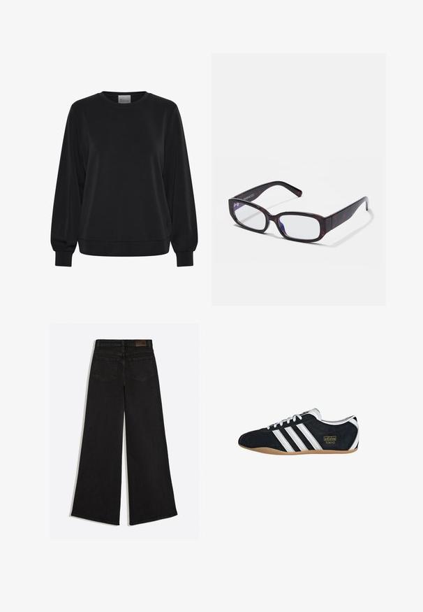 Sort sweatshirt med lange ærmer, rund hals og ribbede manchetter. Har en glat tekstur og et diskret logo-detalje på fronten.; Sort vidde jeans med baglommer og bæltestropper på linningen, set bagfra.; Sort ruskinds sneaker med hvide tre striber, guldlogo og en brun gummisål. Har et lavprofil snørebåndsdesign.; Brune skildpadde-rektangulære briller med klare linser og slanke arme, der viser en glat tekstur og minimalistisk design.