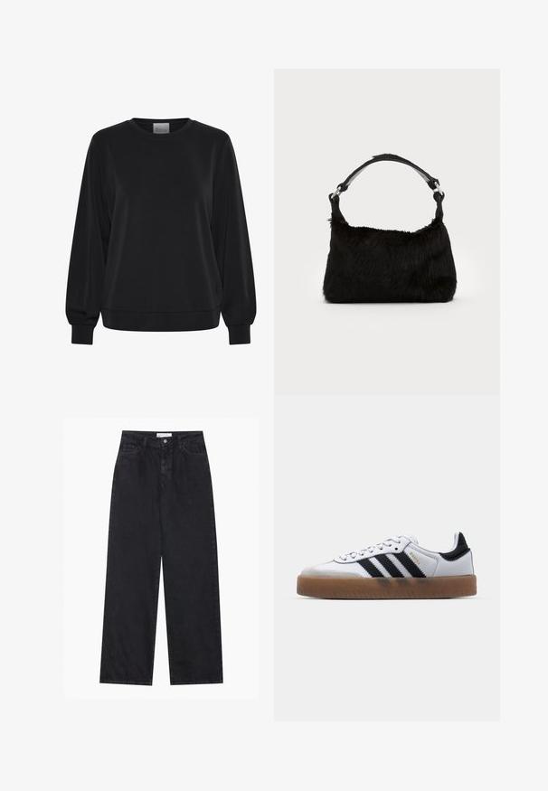 Sort sweatshirt med lange ærmer, rund hals og ribbede manchetter. Har en glat tekstur og et diskret logo-detalje på fronten.; Sorte højtaljede bredbenede denimjeans med frontknap og lynlås, bæltestropper og fem-lomme stil.; Hvide lædersneakers med sorte striber, gummirubber sål, rund tå, snørelukning og blød grå ruskinds tåhætte.; Sort faux fur håndtaske med en blød tekstur, rund form og en robust skulderrem i sort læder. Synlige sølvhardware-detaljer.