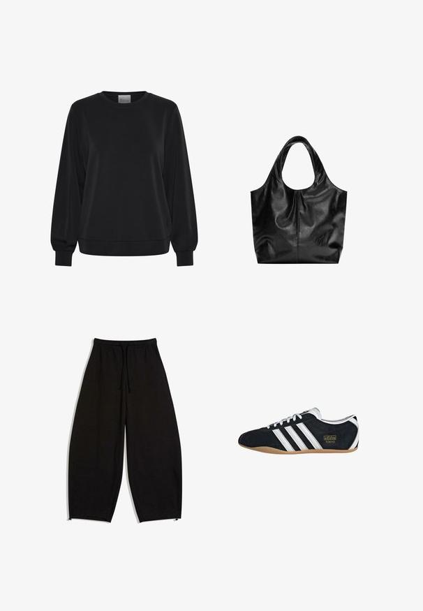 Sort sweatshirt med lange ærmer, rund hals og ribbede manchetter. Har en glat tekstur og et diskret logo-detalje på fronten.; Løse sorte joggingbukser med elastisk taljebånd, snor, sidelommer og justerbare benafslutninger.; Sort ruskinds sneaker med hvide tre striber, guldlogo og en brun gummisål. Har et lavprofil snørebåndsdesign.; Sort læder tote taske med en glat overflade, en blød, afrundet top og brede håndtag. Har minimal syning og en afslappet silhuet.