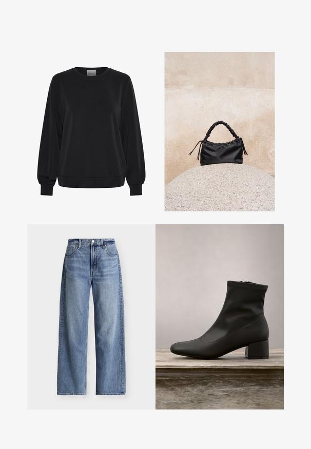 Sort sweatshirt med lange ærmer, rund hals og ribbede manchetter. Har en glat tekstur og et diskret logo-detalje på fronten.; Lyseblå vidde jeans med frontknapper og lynlås, bæltestropper og fem-lomme-design på en ensfarvet baggrund.; Sort ankelstøvle med en glat, skinnende læderfinish, en skrå blokhælkappe og en tætsiddende, elastisk overdel for en slank silhuet.; Sort håndtaske med rynkede detaljer og et samlet håndtag, hvilende på en tekstureret stensfære mod en beige betonvæg.