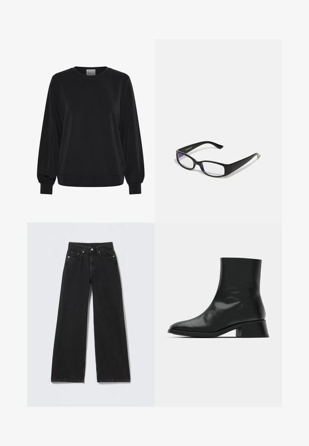 Zwarte sweatshirts met lange mouwen, ronde hals en geribde manchetten. Kenmerkt zich door een gladde textuur en een subtiel logo detail aan de voorkant.; Zwarte high-waist jeans met wijde pijpen, een knoop- en ritsluiting aan de voorzijde, riemlussen en vijf voorzakken op een lichte achtergrond.; Zwarte enkelboot van glanzend leer, met een slank ontwerp, spitse neus en een gematigde blokhak voor stabiliteit.; Zwarte rechthoekige bril met heldere glazen. Glanzende afwerking, smalle veren en paarse tint zichtbaar aan de randen van de glazen.