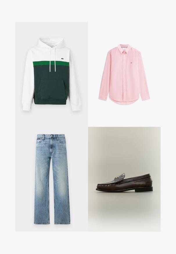 Sweat à capuche blanc, vert et vert foncé avec blocs de couleurs, poche avant, capuche à cordon et petit logo crocodile sur la poitrine.; Chemise à manches longues à carreaux roses et blancs avec col et petit logo sur la poitrine gauche.; Jean droit en denim bleu clair avec taille haute, cinq poches, fermeture à boutons et léger délavage sur les cuisses et les genoux.; Mocassin en cuir marron foncé avec un petit talon noir, coutures mocassin et une bride décorative sur le dessus.