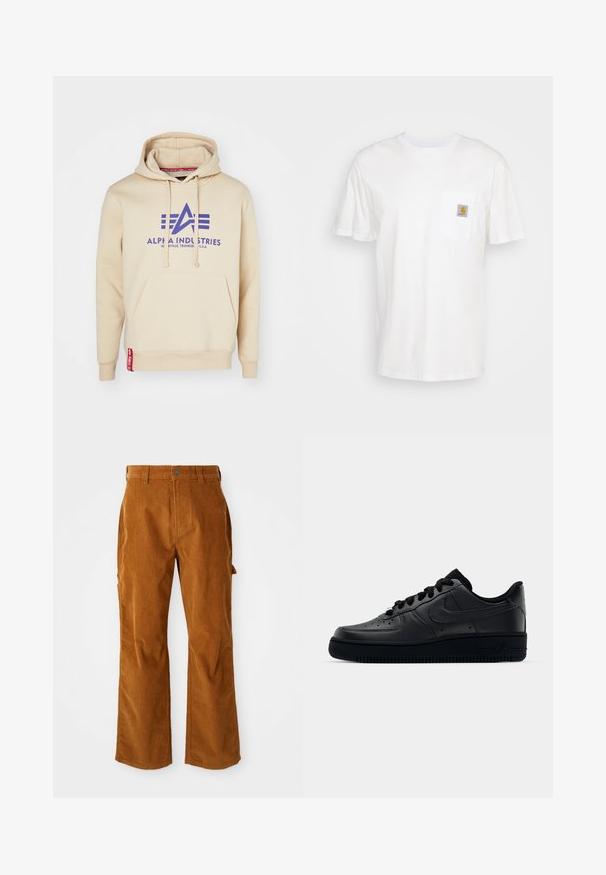 Sudadera beige con un gran logo púrpura de "Alpha Industries" y acentos de diseño. Incluye un bolsillo frontal y una etiqueta roja en el dobladillo.; Camiseta de algodón blanca con mangas cortas, un bolsillo en el pecho y un pequeño parche cuadrado de logo en naranja y blanco en el bolsillo.; Pantalones de pana marrones con un diseño de pierna acampanada, que cuentan con bolsillos laterales y un cierre de botón en la parte delantera. La textura es suave y estriada.; Zapatilla Nike Air Force 1 negra con parte superior de cuero liso, puntera perforada para transpirabilidad, cordones negros y suela de goma texturizada.