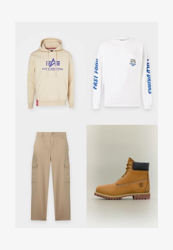 Μπεζ φούτερ με μεγάλο λογότυπο "Alpha Industries" σε μωβ και διακοσμητικές λεπτομέρειες. Περιλαμβάνει μπροστινή τσέπη και κόκκινη ετικέτα στο στρίφωμα.; Λευκό πουκάμισο με μακριά μανίκια από βαμβάκι. Διαθέτει μπλε κείμενο στα μανίκια και μια τσέπη με γραφικό ενός φαγητού φορτηγού και το "Carhartt WIP".; Μπεζ cargo παντελόνι με ίσιο κόψιμο, κλείσιμο με κουμπί, θηλιές για ζώνη, μπροστινές τσέπες και τσέπες με καπάκι σε κάθε μηρό.; Καφέ δερμάτινο μποτάκι αστραγάλου με μαύρο γιακά, κίτρινα κορδόνια και ταμπά σόλα. Διαθέτει λογότυπο και λευκή ραφή για λεπτομέρεια. Ανθεκτική εξωτερική σόλα με τραχύ πέλμα.