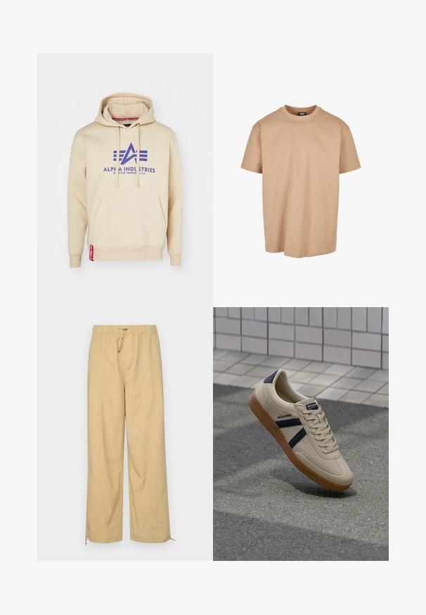Sudadera beige con un gran logo púrpura de "Alpha Industries" y acentos de diseño. Incluye un bolsillo frontal y una etiqueta roja en el dobladillo.; Camiseta de algodón beige con cuello redondo, mangas cortas y un corte relajado; presenta una textura suave y un diseño minimalista.; Pantalones de pinza beige de pierna ancha con cintura elástica, detalles de cordón y cremalleras en los tobillos. Textura suave con líneas verticales sutiles.; Zapatilla beige con acabado texturizado, rayas azul marino y suela de goma. Presenta una lengüeta acolchada y un sistema de cordones tradicional para un ajuste seguro.