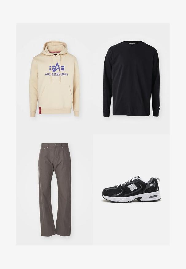 Sudadera beige con un gran logo púrpura de "Alpha Industries" y acentos de diseño. Incluye un bolsillo frontal y una etiqueta roja en el dobladillo.; Camiseta negra de manga larga hecha de algodón, con un escote redondo y corte recto, que presenta un pequeño detalle de logo en la manga.; Weekday SPACE RELAXED STRAIGHT - Pantalones - dark mole; Zapatillas deportivas en negro y gris con parte superior de malla y ante, que cuentan con una entresuela blanca, cordones y un llamativo logo "N" en el lateral.