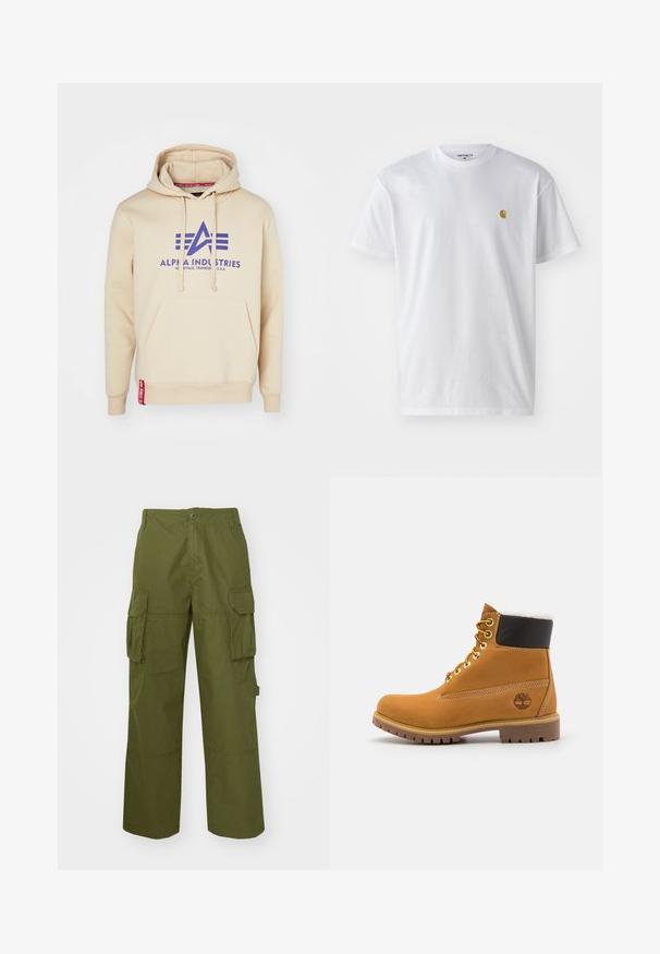 Beež kapuutsiga jakk, millel on suur lilla "Alpha Industries" logo ja disainiaktsendid. Sisaldab eesmist taskut ja punast siltu hemis.; Valge puuvillane t-särk lühikeste varrukatega, ümmargune kaelus, millel on väike kuldne logo vasakul rinnal. Pehme tekstuur ja regulaarne lõike.; Olivrohelised cargo püksid, mis on valmistatud vastupidavast kangast, sisaldavad kahte külgtaskut, on lõdva lõikega ning nupuga kinnitatavad vöökoht.; Pruun nahast pahkluu saabas metallist silmadega, valge karvane vooder, must pehmendatud krae, robustne tallal ja küljes reljeefne logo.
