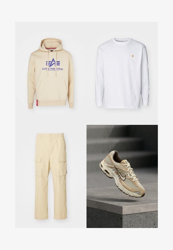 Beige hoodie met een groot paarse "Alpha Industries" logo en ontwerpelementen. Inclusief een voorkantzak en een rode label aan de zoom.; Witte lange mouwen t-shirt van katoen. Voorzien van een klein gouden logo op de borst en een ronde hals. Eenvoudig ontwerp en standaard pasvorm.; Beige cargobroek van stof met een elastische tailleband en knoopsluiting. Beschikt over twee zijzakken en een eenvoudig ontwerp.; Beige en witte Nike hardloopschoen met mesh panelen en zwarte Swoosh, zwevend boven een betonnen richel met wazige trappen op de achtergrond.