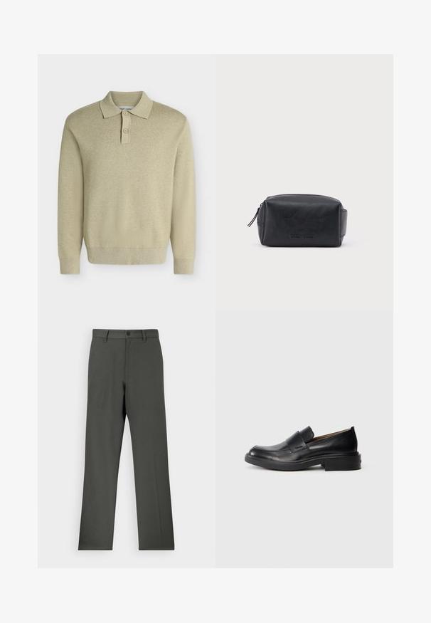 Polo beige à manches longues avec col et deux boutons, poignets et ourlet côtelés, présenté sur un fond clair uni.; Pantalon gris foncé en tissu lisse, avec une coupe droite, fermeture à bouton et passants de ceinture. Pas de motifs ni d'accents visibles.; Chaussure habillée noire en cuir, à enfiler, avec un petit talon et un logo Calvin Klein discret sur le côté, présentée de profil sur un fond blanc.; Trousse de toilette rectangulaire en cuir noir avec fermeture éclair et nom de marque embossé sur le devant, sur fond blanc uni.