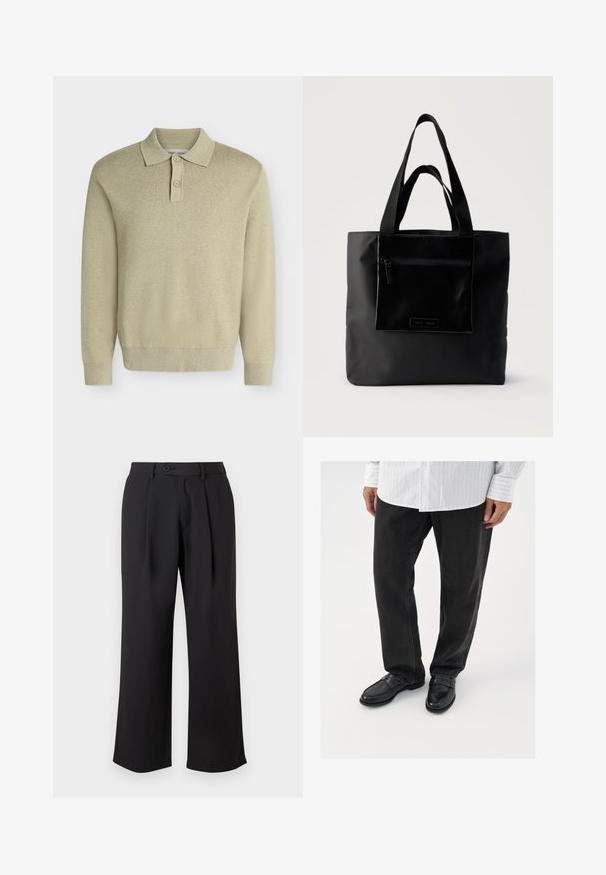 Polo beige à manches longues avec col et deux boutons, poignets et ourlet côtelés, présenté sur un fond clair uni.; Pantalons larges noirs en tissu lisse, dotés d'un pli avant, d'une fermeture par bouton et de poches latérales.; Pantalons en denim noir associés à des mocassins noirs brillants. La chemise est blanche avec de fines rayures verticales, avec des manches longues et un col boutonné.; Sac cabas noir avec poche zippée à l'avant et double poignée, posé sur un fond clair uni.