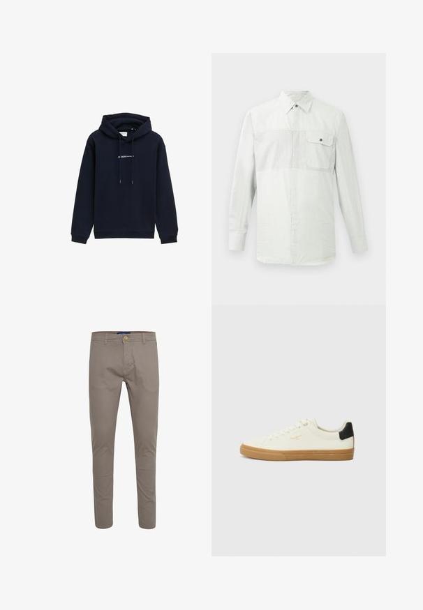 Sudadera azul marino hecha de tela suave, con capucha ajustable, puños acanalados y un logo impreso en el pecho.; Camisa blanca de manga larga con botones, con sutiles rayas verticales y un bolsillo en el pecho, abotonado, en el lado izquierdo.; Pantalones ajustados de algodón en color marrón claro. Presentan un cierre de botón, cinco bolsillos y una textura suave con sutiles detalles de costura.; Zapatilla de lona blanca con suela de goma, acento negro en el talón, punta redonda y diseño con cordones. Presenta el logo de la marca en dorado en el lateral.