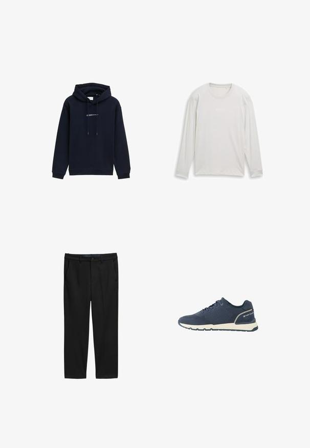 Donkerblauwe hoodie van zachte stof, met een capuchon met trekkoord, ribgebreide manchetten en een bedrukte logo op de borst.; Lichtgrijs longsleeve shirt met ronde hals en subtiele tekst op de borst, plat gelegd op een witte achtergrond.; Zwarte broek met een rechte snit, gemaakt van een gestructureerde stof. Voorzien van twee zijzakken en een knoopsluiting bij de taille.; Marineblauwe sportschoen met mesh bovenwerk, witte zool, zwarte loopzool en "Tom Tailor" logo op de hielkap.