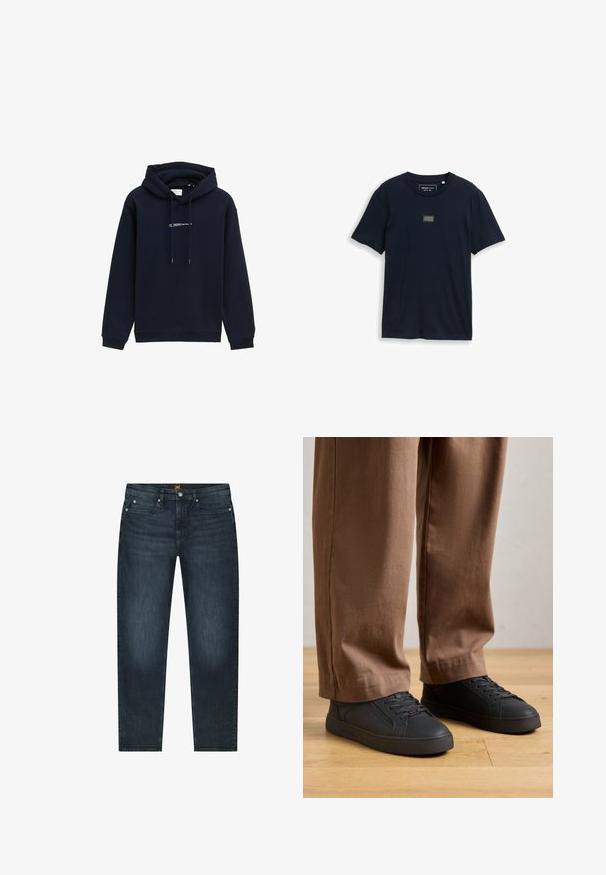 Sudadera azul marino hecha de tela suave, con capucha ajustable, puños acanalados y un logo impreso en el pecho.; Camiseta azul marino de manga corta y cuello redondo con un pequeño parche rectangular con logo centrado en el pecho.; Jeans ajustados de color azul oscuro con cinco bolsillos, cierre de botón y cremallera, y un ligero desvanecimiento en los muslos delanteros.; Zapatillas negras de corte bajo con material texturizado, suela de goma y punta redonda. Combinadas con pantalones marrones de corte holgado sobre un suelo de madera.