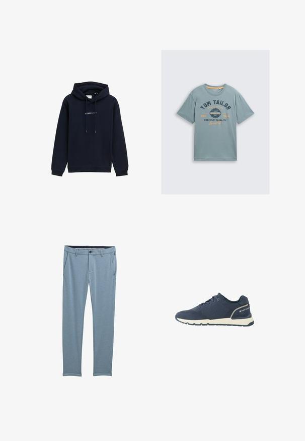 Marineblaue Kapuzensweatjacke aus weichem Material, mit einer Kordelzugkapuze, gerippten Bündchen und einem bedruckten Logo auf der Brust.; Helle blaue Baumwoll-T-Shirt mit kurzen Ärmeln. Verfügt über einen dunkelblauen und orangefarbenen grafischen Text: "TOM TAILOR" und "PREMIUM QUALITY". Einfacher runder Halsausschnitt.; Hellblaue maßgeschneiderte Hosen aus einem glatten Stoff, mit vorderen Taschen, einem Knopfverschluss und aufgerollten Säumen an den Knöcheln.; Marineblauer sportlicher Sneaker mit Mesh-Obermaterial, weißer Sohle, schwarzer Außensohle und "Tom Tailor"-Logo am Fersenbereich.