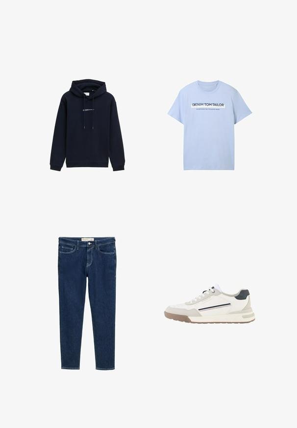 Marineblaue Kapuzensweatjacke aus weichem Material, mit einer Kordelzugkapuze, gerippten Bündchen und einem bedruckten Logo auf der Brust.; Hellblaue Baumwoll-T-Shirt mit kurzen Ärmeln und Rundhalsausschnitt. Der Frontdruck umfasst "DENIM TOM TAILOR" und "gegründet zweitausendsieben."; Dunkelblaue Jeans mit schmaler Passform, Fünf-Taschen-Design und kontrastierenden weißen Nähten. Knopfverschluss an der Taille und minimale Details.; Weißer und beiger Sneaker mit weißen Schnürsenkeln, brauner Sohle, schwarzem Fersen-Patch und seitlichen Streifendetails in Marine und Rot.