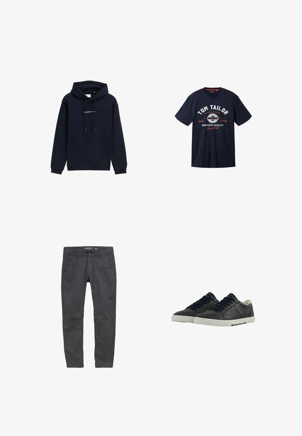 Sudadera azul marino hecha de tela suave, con capucha ajustable, puños acanalados y un logo impreso en el pecho.; Camiseta de manga corta azul marino de algodón con texto gráfico que incluye "TOM TAILOR" y "calidad premium" en blanco y rojo.; Pantalones de algodón grises con corte recto, bolsillos frontales y cierre de botones. Presentan un sutil branding y una textura suave.; Zapatillas de deporte de cuero marino con suelas de goma blanca, punta redonda y cordones negros. Texturas sutiles y marcas en los laterales. Diseño casual.