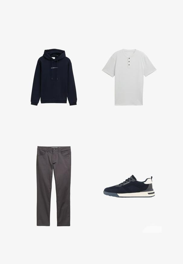 Donkerblauwe hoodie van zachte stof, met een capuchon met trekkoord, ribgebreide manchetten en een bedrukte logo op de borst.; Lichtgrijze heren polo met korte mouwen, gemaakt van een geplisserde stof, met een ronde halslijn en een drievoudige knoopsluiting, en een iets losvallende pasvorm.; Donkergrijze broek van lichtgewicht stof, met een ritsopening, vijf zakken en subtiele stikseldetails. Slim-fit ontwerp.; Donkerblauwe en grijze mesh sneaker met witte accenten, vetersluiting, merknaam aan de zijkant en een gewatteerde witte en grijze zool.