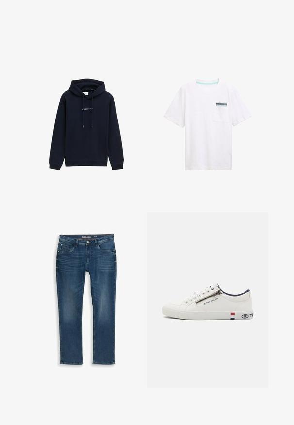 Donkerblauwe hoodie van zachte stof, met een capuchon met trekkoord, ribgebreide manchetten en een bedrukte logo op de borst.; Witte katoenen t-shirt met korte mouwen, met een zak voorzien van een blauw-wit label. Soepele textuur en ontspannen pasvorm.; Donkerblauwe jeans met rechte pijpen van denim. Heeft voorzakken en een ritssluiting, met subtiele vervagingen en stikseldetails op de tailleband.; Witte sneaker met een leren bovenwerk, ronde neus en contrasterende marineblauwe details op de kraag. Beschikt over een ritsluiting en logo-accenten aan de zijkanten.