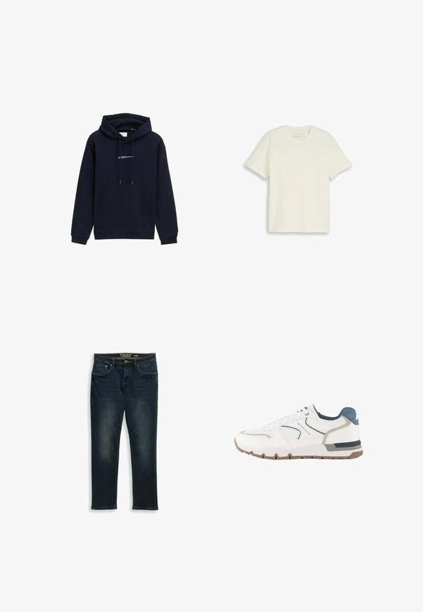 Sudadera azul marino hecha de tela suave, con capucha ajustable, puños acanalados y un logo impreso en el pecho.; Camiseta de algodón color crema de manga corta y cuello redondo, extendida sobre un fondo blanco.; Vaqueros ajustados de color azul oscuro con bolsillos delanteros, trabillas para cinturón y cierre de botón, talla 31/32 de Tom Tailor.; Zapatilla deportiva blanca y gris con detalles en azul, tejido de malla y suela marrón, con la marca "Tom Tailor" en el lateral.